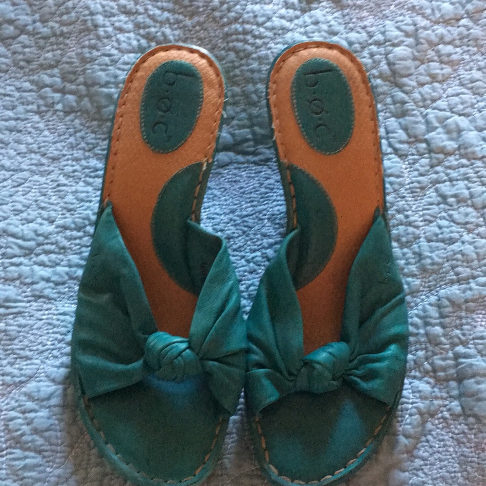 B.O.C turquoise blue leather wedge sandals.